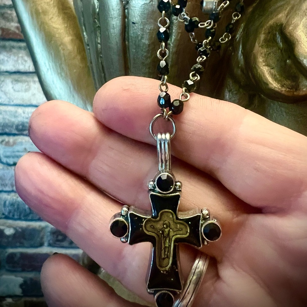 Virgins Saints and Angels Cross on Tiered Black Magdalena Rosary